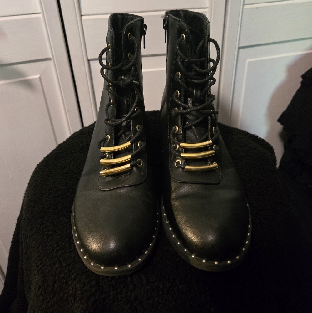 Black Leather Ankle Boots with Gold Accents